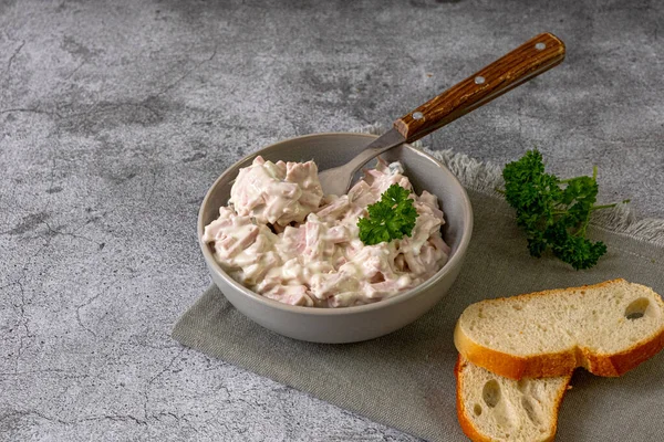 stock image Meat salad in a gray bowl. Udder salad with mayonnaise