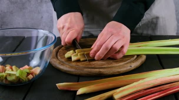 Rabarber Verse Rabarber Wordt Gesneden Door Een Chef Kok Met — Stockvideo