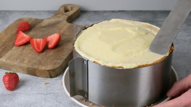 Ζαχαροπλάστης Κάνοντας Κέικ Φράουλα Απομονώνονται Λευκό Φόντο Υψηλής Ποιότητας Υλικό — Αρχείο Βίντεο