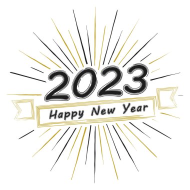 Happy New Year 2023 text with rays of burst. Calendar header for 2023 with wishes. Template for greeting card, banner, invitation. Isolated on white background. Vector illustration. clipart