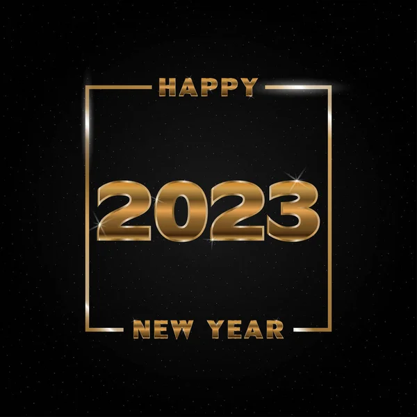 Stock vector Happy New Year 2023 golden text with frame and stars. Calendar header for 2023 with wishes. Template for greeting card, banner, invitation. Vector illustration.