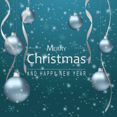 Işıl ışıl Noel parıltıları arka planı. Asılı toplar, kurdeleler ve kar taneleriyle süslü bir süs. Noel ve Yeni Yıl tasarımı için şablon. Vektör illüstrasyonu.