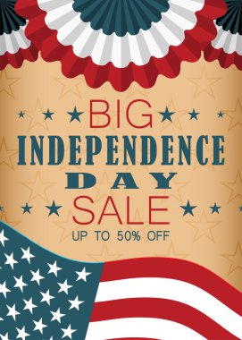 Bağımsızlık Günü 'nde Amerikan ulusal bayrağı, plili hayran pankartları ve yıldızlı büyük satış broşürü. 4 Temmuz davetiyesi için şablon, poster. Vektör illüstrasyonu.