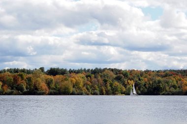 Pennsylvania 'daki Nockamixon Eyalet Parkı' nın manzarası sonbahar mevsiminde çok güzeldir..
