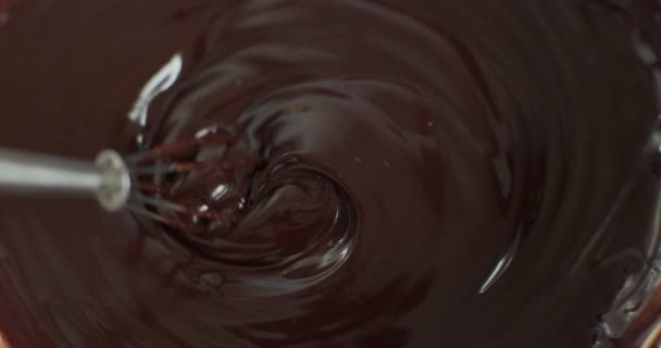 Mixing Premium Melted Dark Chocolate Whisk Shot Raw Cinema Camera — Stock Video
