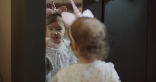 Baby Girl Looking Her Costume Mirror Funny Real Life Clip — Stock Video