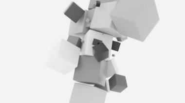 Yüzen küpler soyut olarak birbirleriyle çarpışıyor. 3B CGI animasyonu.