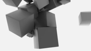 Yüzen küpler soyut olarak birbirleriyle çarpışıyor. 3B CGI animasyonu.