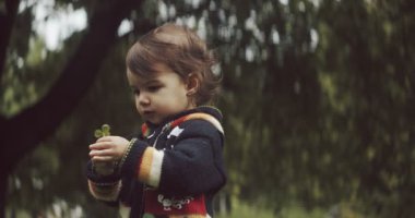 Sonbaharın başında açık havada gezen tatlı bir kız bebek. 4K RAW 'da bir sinema kamerasında çekildi..