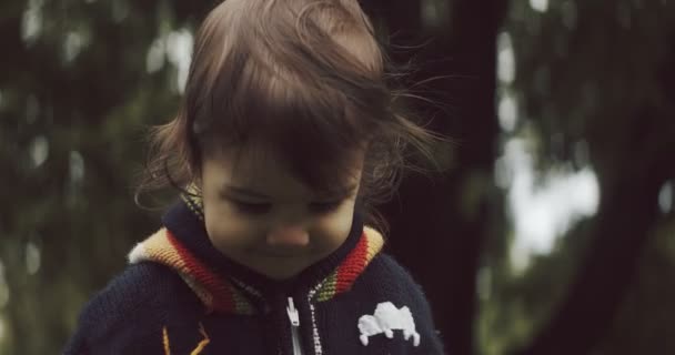 Schattig Klein Meisje Dat Het Buitenleven Verkent Vroege Herfst Opgenomen — Stockvideo