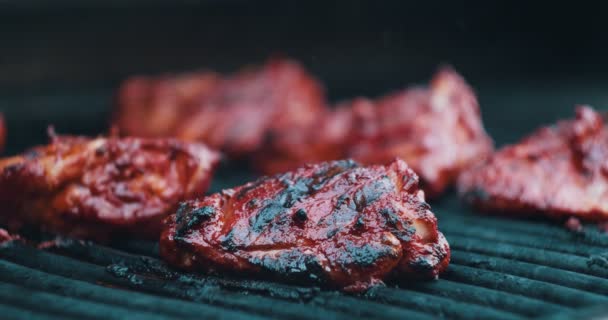 Pollo Tandoori Cocinando Una Barbacoa Grabado Raw Una Cámara Cine — Vídeo de stock