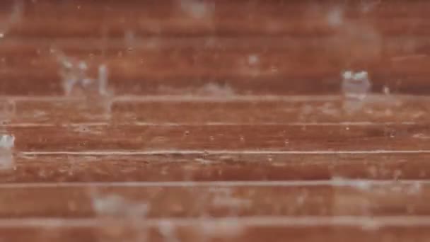 Beautiful Slow Motion Roll Footage Heay Rain Falling Backyard Deck — Stock Video