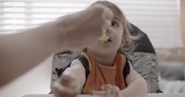 幼児は夕食を食べる スローモーション シネマカメラで4K Rawで撮影 — ストック動画