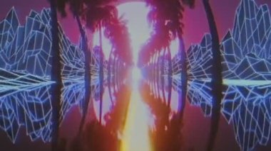 Dağlı ve palmiye ağaçlı Retro 80 'lerin yol sahnesi. VHS ses versiyonu. 4K canlandırması.