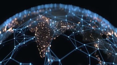 4K bağlantılı küresel ağ. İnternet gibi şeyler. Haberleşme konsepti. CGI canlandırması.