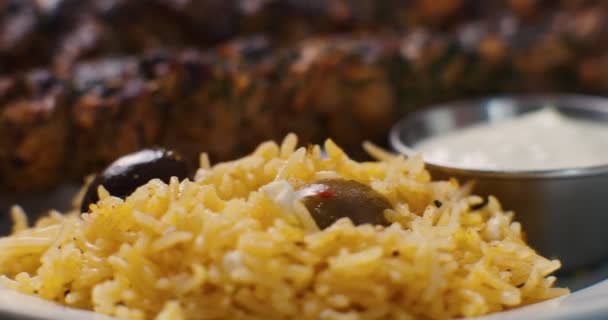 Chicken Souvlaki Skewers Served Plate Rice Tzatziki Shot Cinema Camera — Stock Video