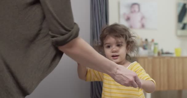 Baby Toddler Girl Dancing Mother Covid Lockdown Shot Real Life — Stock Video