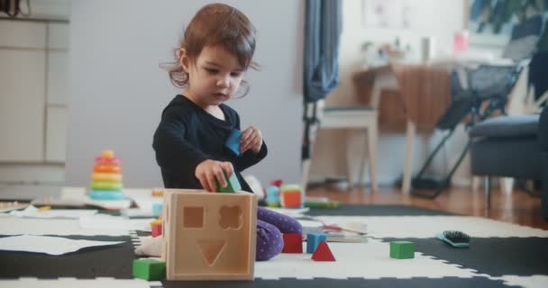 Criança Brincando Com Blocos Brinquedo Madeira Filmado Raw Uma Câmera — Vídeo de Stock