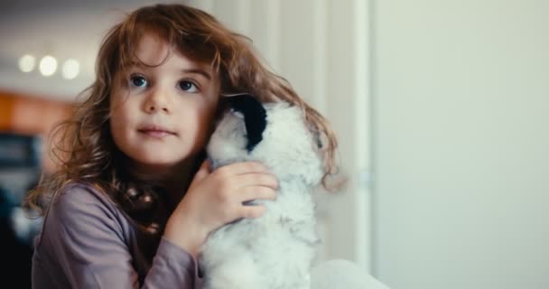 Gadis Kecil Yang Sedih Mendapatkan Kenyamanan Dari Boneka Binatang Rekaman — Stok Video
