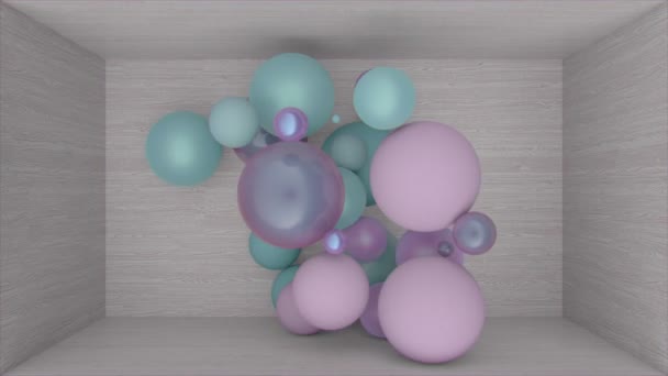 三维动画中的球和球漂浮在一个木制的盒子里 高度现实的Cgi — 图库视频影像