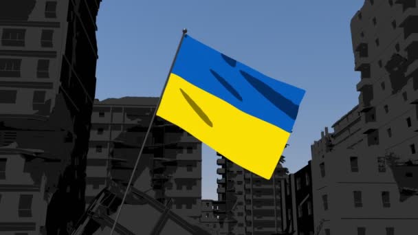 Ukrayna Bayrağı Harap Olmuş Bir Şehrin Üzerinde Muzaffer Dalgalanır Çizimi — Stok video
