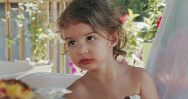 Cute Toddler Girl Eating Ice Cream Making Mess Shot Cinema — Stock Video