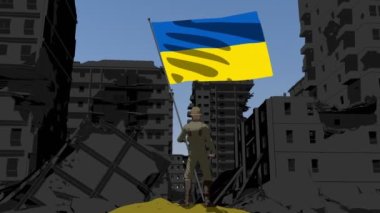 Zafer kazanan asker Ukrayna bayrağını yırtık bir şehrin üzerinde dalgalandırıyor. El çizimi illüstrasyon tarzı. 4K canlandırması.