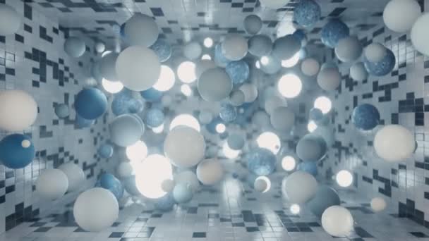 Câmera Empurra Para Uma Sala Cheia Esferas Flutuantes Dinâmicas Animação — Vídeo de Stock