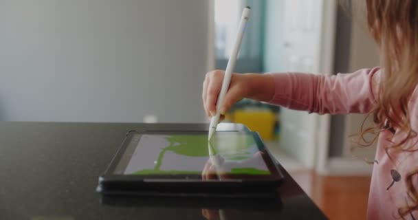 Cute Toddler Doing Creative Work Tablet Stylus Footage — Stock Video