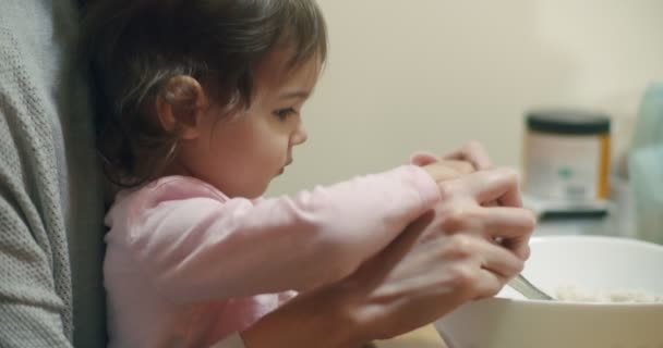 Cute Toddler Girl Helping Mom Make Cookies Shot Raw Cinema — Stock Video
