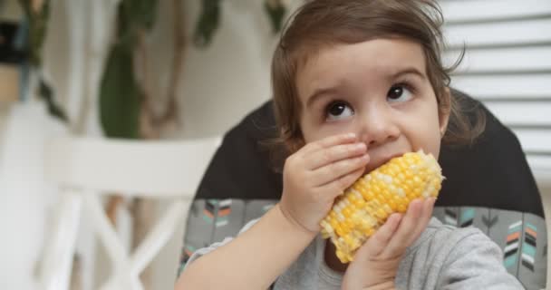Aranyos Kislány Kukoricát Eszik Lőtt Raw Egy Mozi Kamera — Stock videók