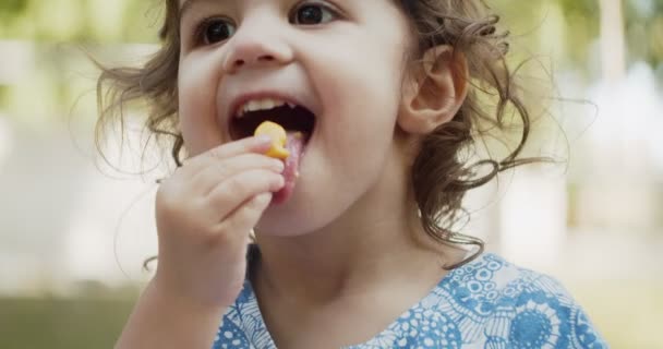Petite Fille Drôle Mangeant Des Collations Dans Parc Tourné Sur — Video