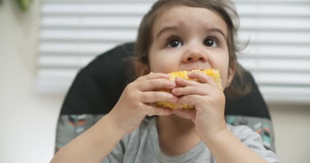 Χαριτωμένο Κοριτσάκι Που Τρώει Καλαμπόκι Καλαμπόκι Τραβήχτηκε Raw Μια Κινηματογραφική — Αρχείο Βίντεο