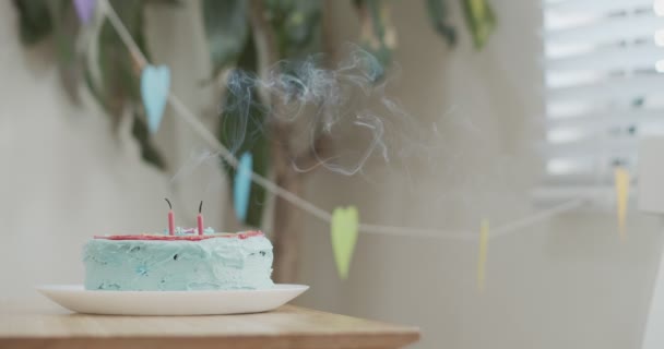 Tort Urodzinowy Dymem Świec Które Właśnie Zdmuchnęły Nakręcony Przez Kamerę — Wideo stockowe