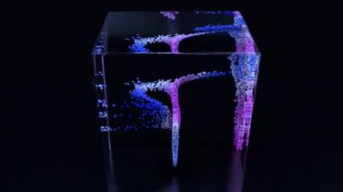 Parçacıklar cam bir küpün içinde dönüyorlar. 4K UHD canlandırması