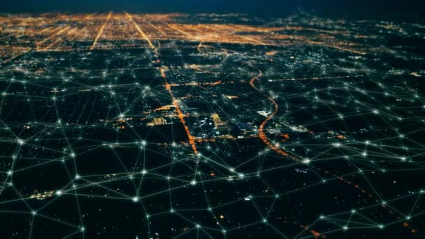 Pemandangan Udara Dari Distrik Keuangan Konsep Futuristik Dengan Koneksi Jaringan — Stok Video
