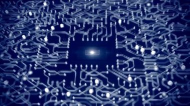 Fütürist bir işlemci ve devre kartı tasvir eden animasyon.