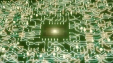 Fütürist bir işlemci ve devre kartı tasvir eden animasyon.