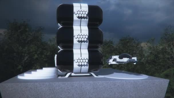 Orbituje Planie Futurystycznego Domu Latającym Elektrycznym Samochodem Zaparkowanym Zewnątrz Animacja — Wideo stockowe