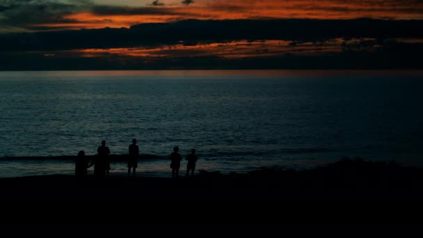 Fotografia Altamente Cinematográfica Pessoas Silhuetas Admirando Pôr Sol Uma Praia — Vídeo de Stock