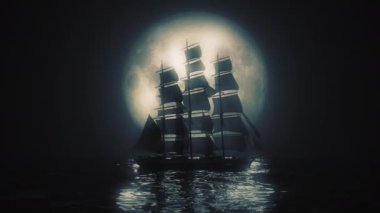 Dolunay tarafından aydınlatılmış bir Uzun Gemi 'nin son derece stilize edilmiş görüntüsü. 4K UHD. 16- bit renk derinliğinde oluşturuldu.