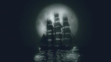 Dolunay tarafından aydınlatılmış bir Uzun Gemi 'nin son derece stilize edilmiş görüntüsü. 4K UHD. 16- bit renk derinliğinde oluşturuldu.