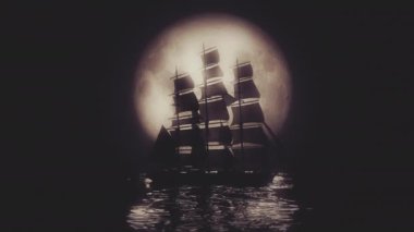 Dolunay tarafından aydınlatılmış bir Uzun Gemi 'nin son derece stilize edilmiş görüntüsü. 4K UHD. 16- bit renk derinliğinde oluşturuldu.