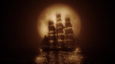 Dolunay tarafından aydınlatılmış bir Uzun Gemi 'nin son derece stilize edilmiş görüntüsü. 4K UHD. 16- bit renk derinliğinde oluşturuldu.