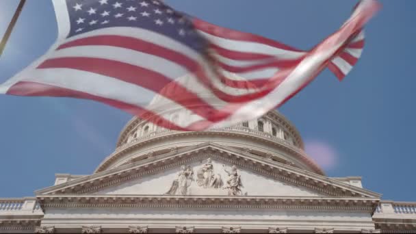 Cúpula Capitólio Washington Com Uma Bandeira Dos Eua Frente Animação — Vídeo de Stock