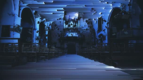 圣经漂浮在一个闹鬼的教堂里 3D动画的特点是有风格的闭路电视扭曲 以代表存在一些不神圣的东西 4K具有广播质量色彩深度 — 图库视频影像