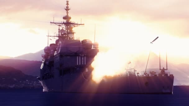 長距離ミサイルを発射する戦艦の3Dアニメーション — ストック動画
