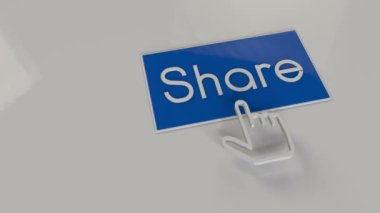 Sosyal medya paylaşım düğmesine tıklayan imleci gösteren 3D biçimlendirme. 4K UHD canlandırması.
