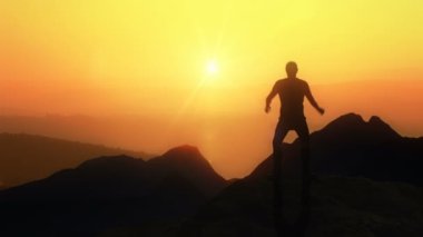 Animasyon, hedeflere ulaşma kavramını zafer ve başarı hissiyle betimliyor. 4K siluet canlandırması.