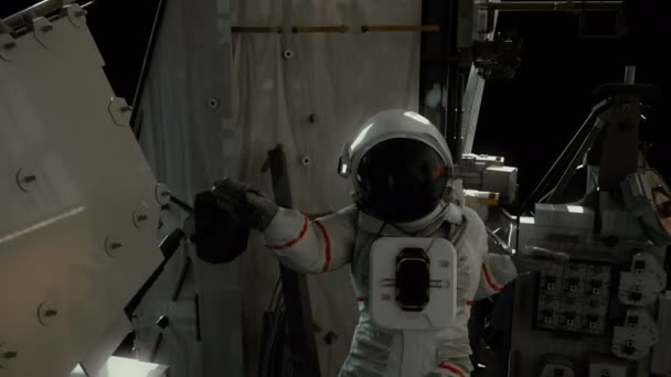 Issで働いている宇宙飛行士の映画撮影 現実的な4Kアニメーション — ストック動画